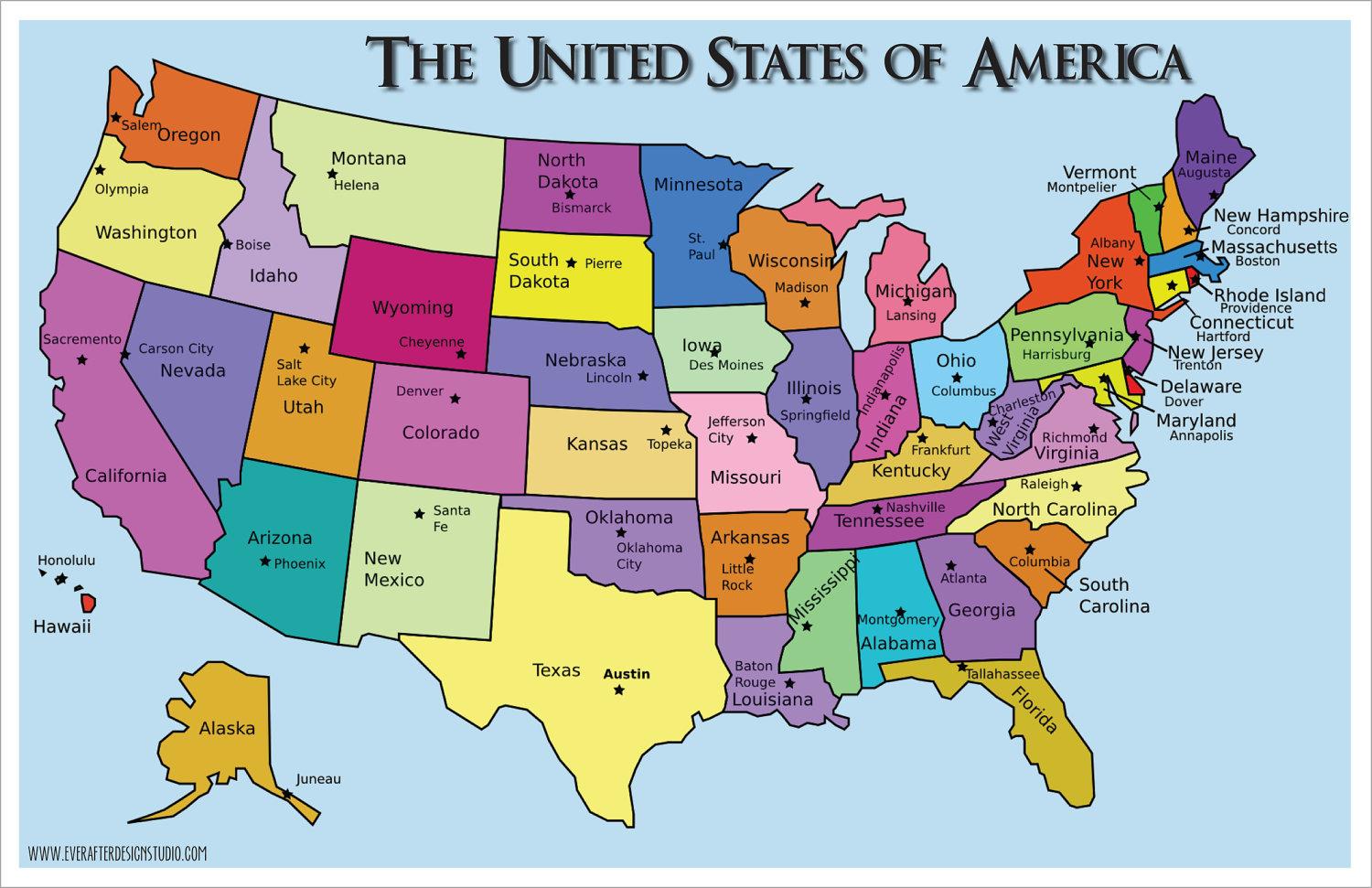 Karte der Vereinigten Staaten mit Hauptstädten - US-Staaten und