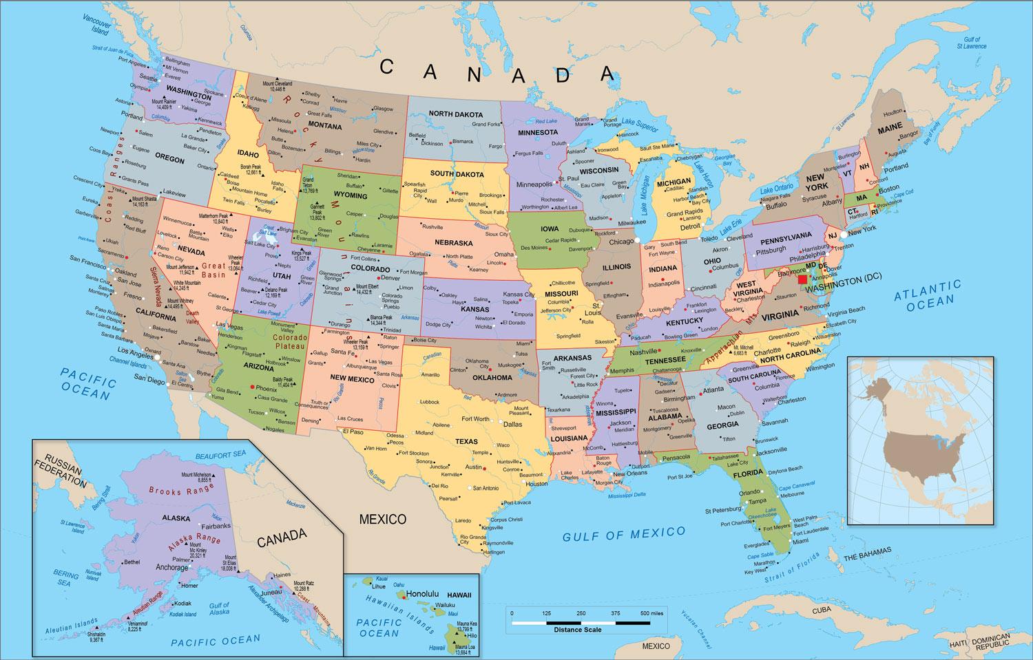 Uns Politische Landkarte Der Usa Politische Karte Nordamerika Und Sudamerika