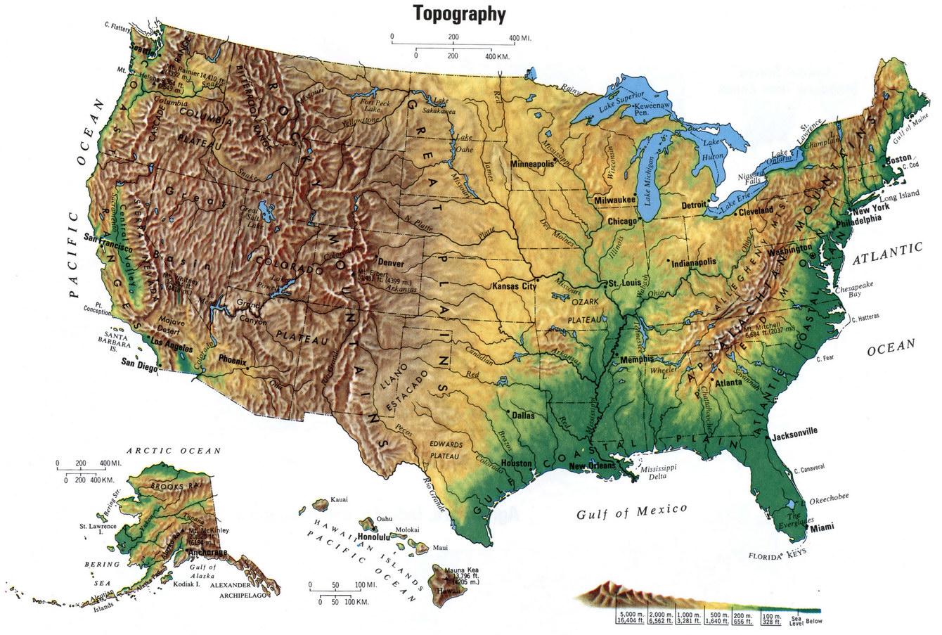 Vereinigten Staaten Höhenkarte Elevation Map Usa Nordamerika Und Südamerika 3813