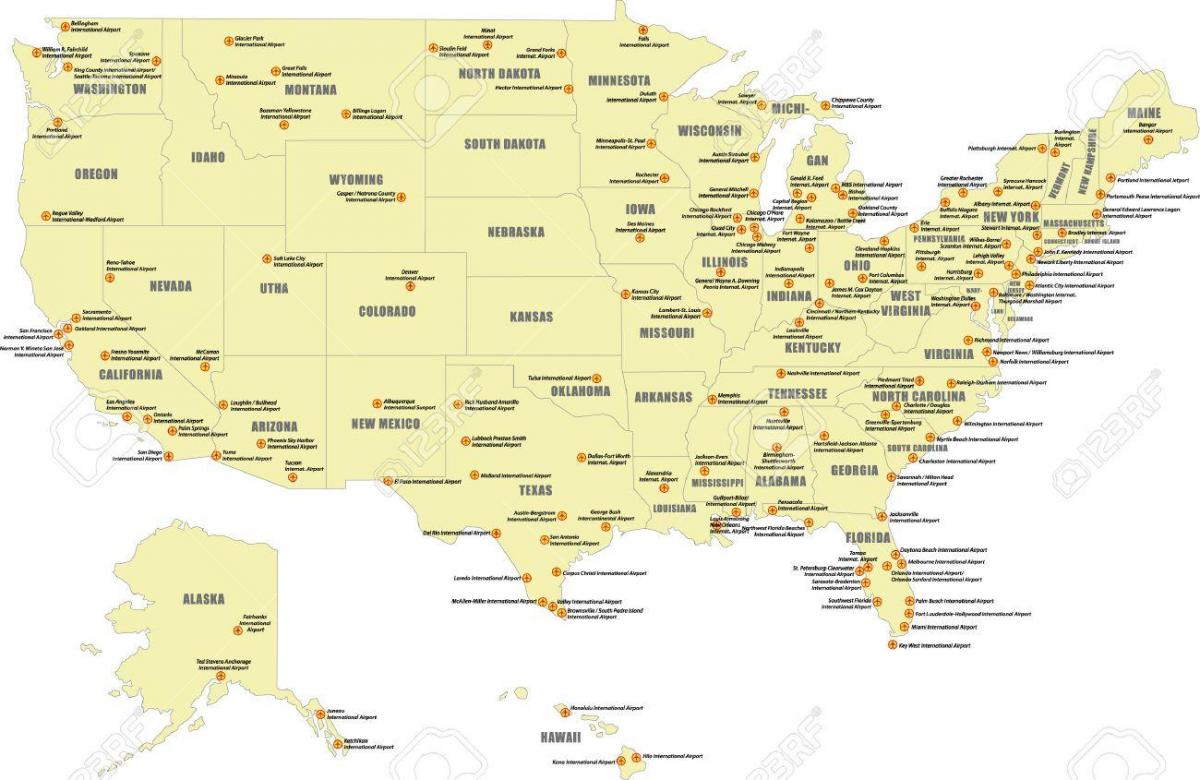 USA internationale Flughäfen Karte anzeigen