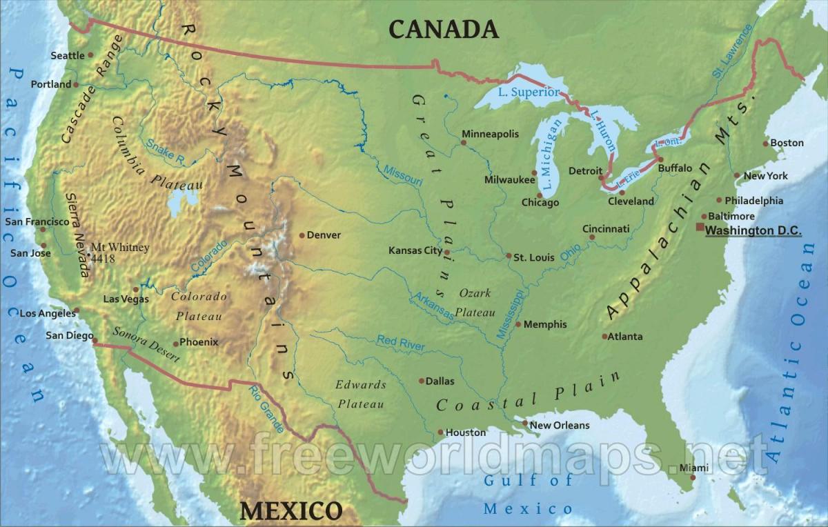 Karte von USA mit Gebirge und Flüsse - Karte der USA mit Flüssen und