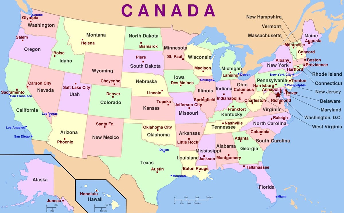 Karte der USA mit Hauptstädten