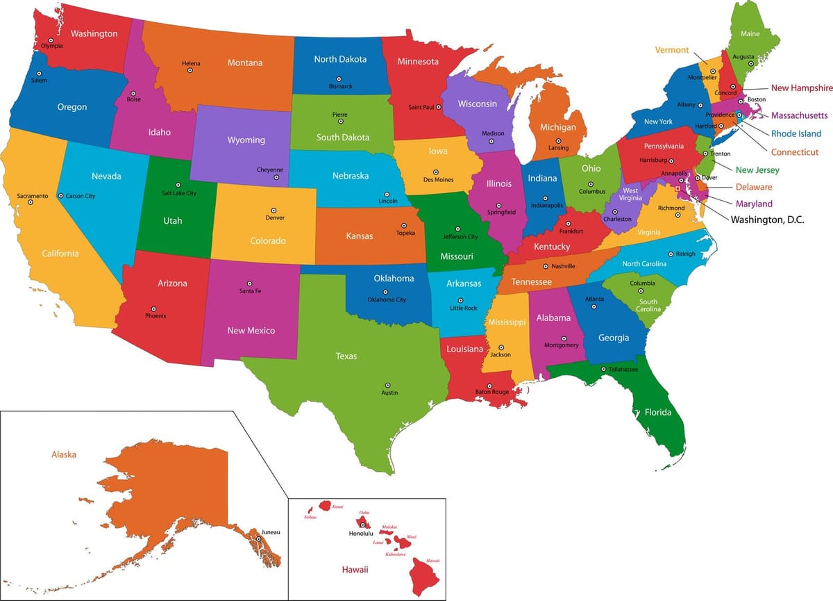 Karte der USA mit Staaten und Hauptstädte